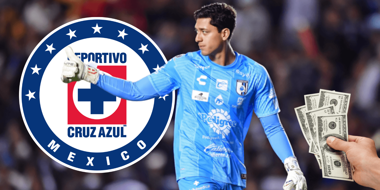 Fernando Tapia en partido con Querétaro; escudo del Cruz Azul y billetes agarrados. Foto: Esto.
