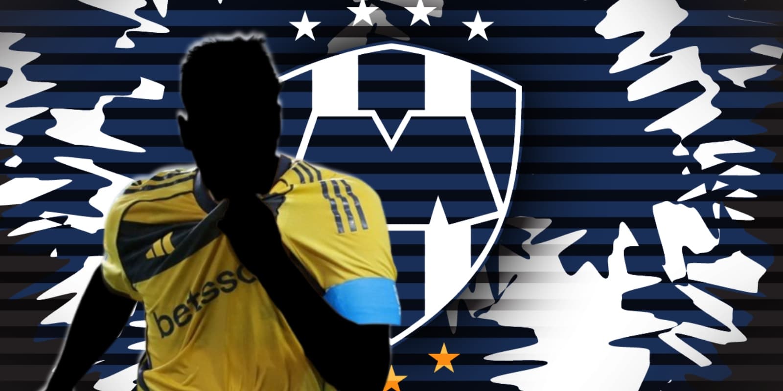 Futbolista incógnito de Boca Juniors junto al escudo de Rayados / FOTO EL CLARÍN