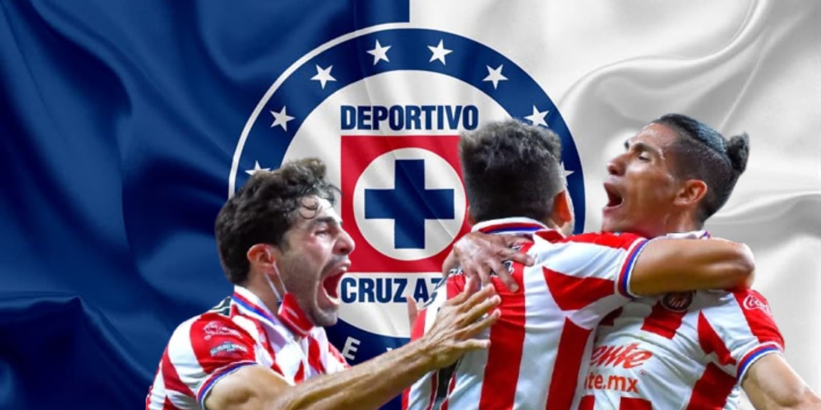 Futbolistas de Chivas junto al escudo de Cruz Azul / FOTO RÉCORD