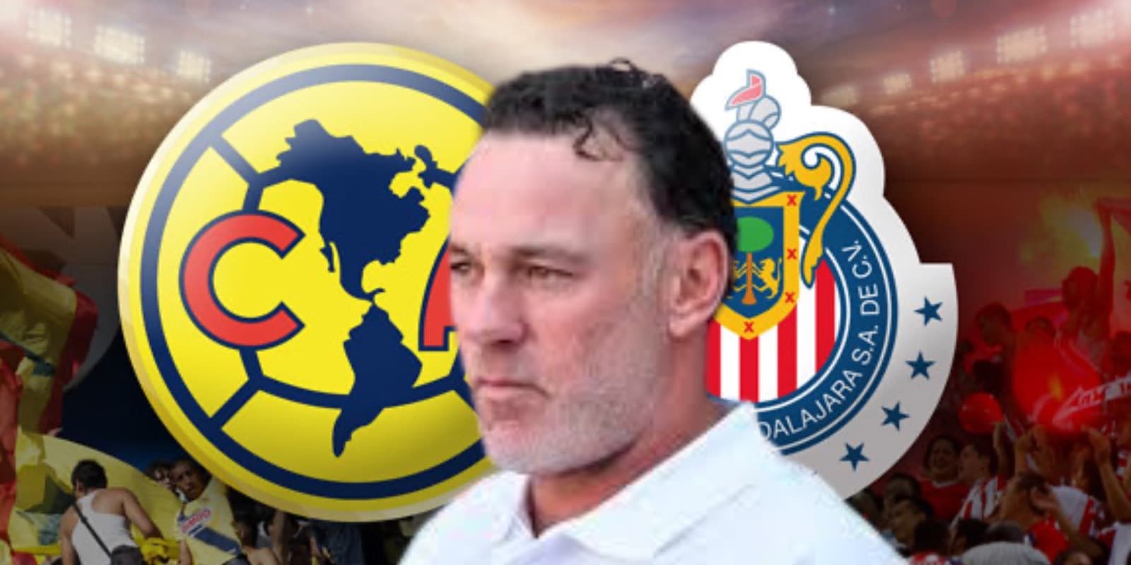 Gabriel Milito junto a los escudos de Chivas y América / FOTO ZMG SPORTS