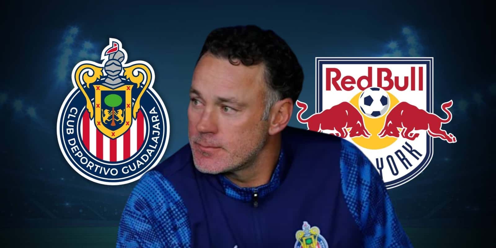 Gabriel Milito junto al escudo de Chivas y New York Red Bulls / FOTO LARIO HOTELS