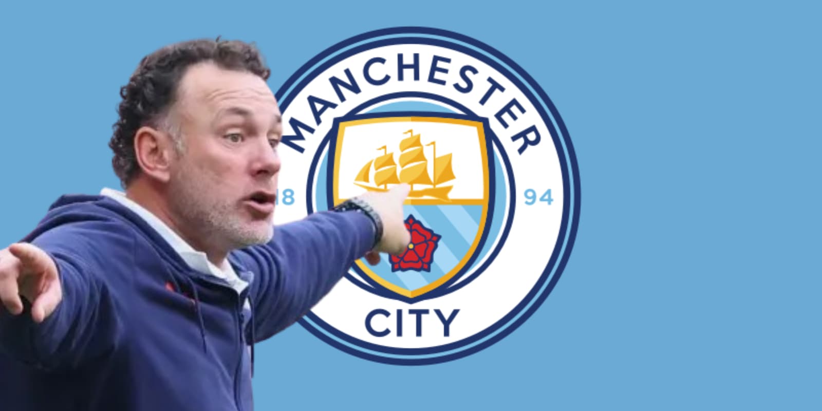 Gabriel Milito junto al escudo del Manchester City / FOTO BOLAVIP
