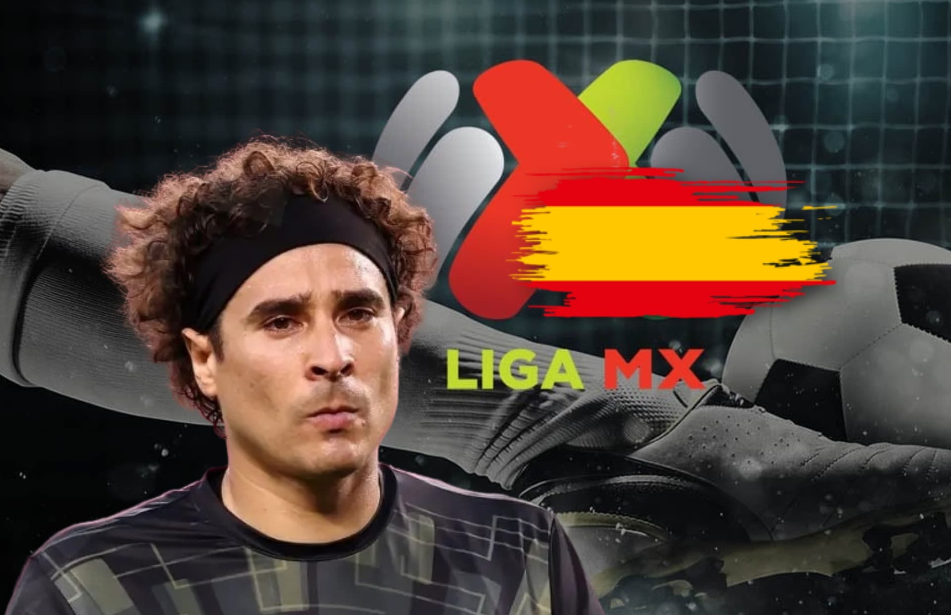 Guillermo Ochoa, bandera de España y escudo de Liga MX/ Foto Netbet.