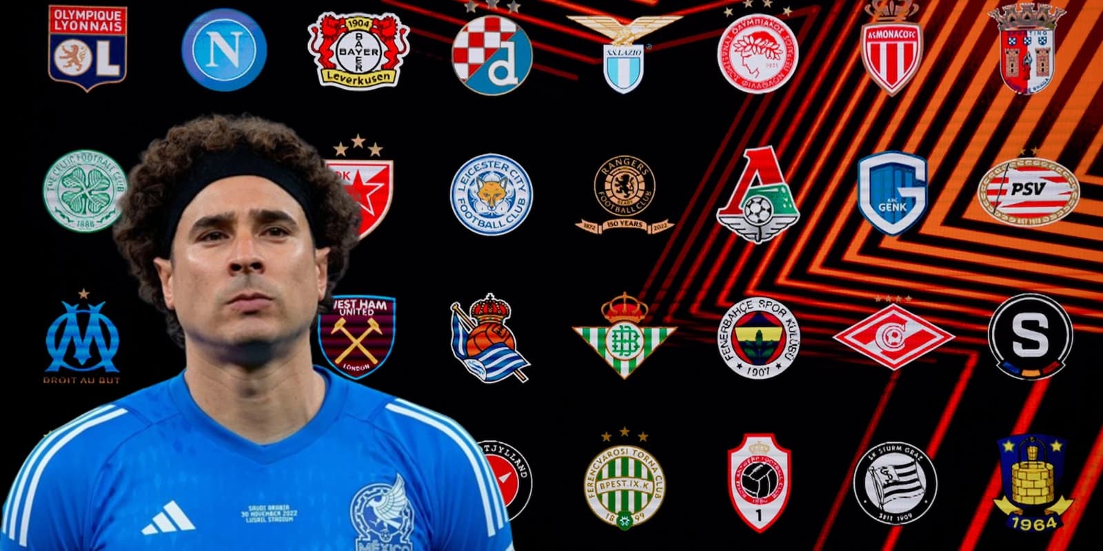 Guillermo Ochoa junto a escudos de clubes de Europa / FOTO MEXSPORT
