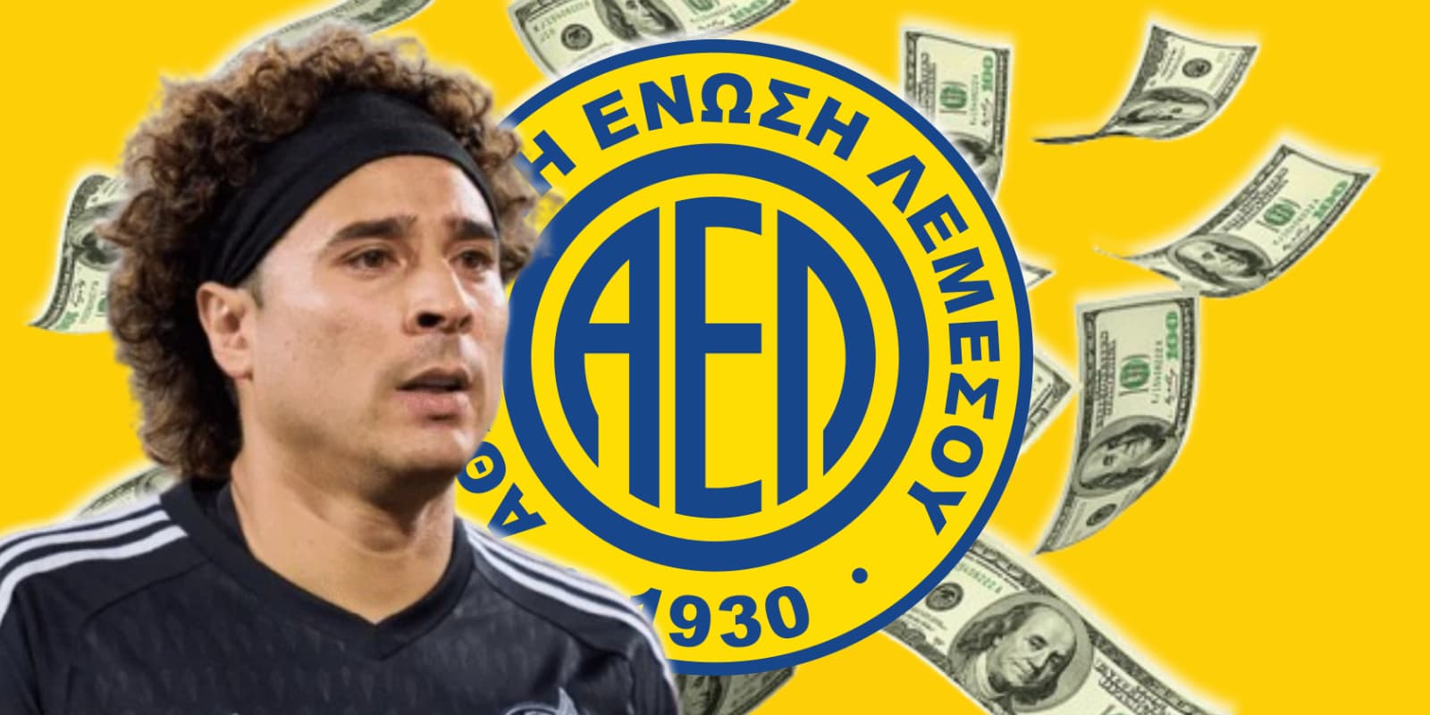 Guillermo Ochoa junto al escudo del AEL Limassol / FOTO EL DIARIO DE YUCATÁN