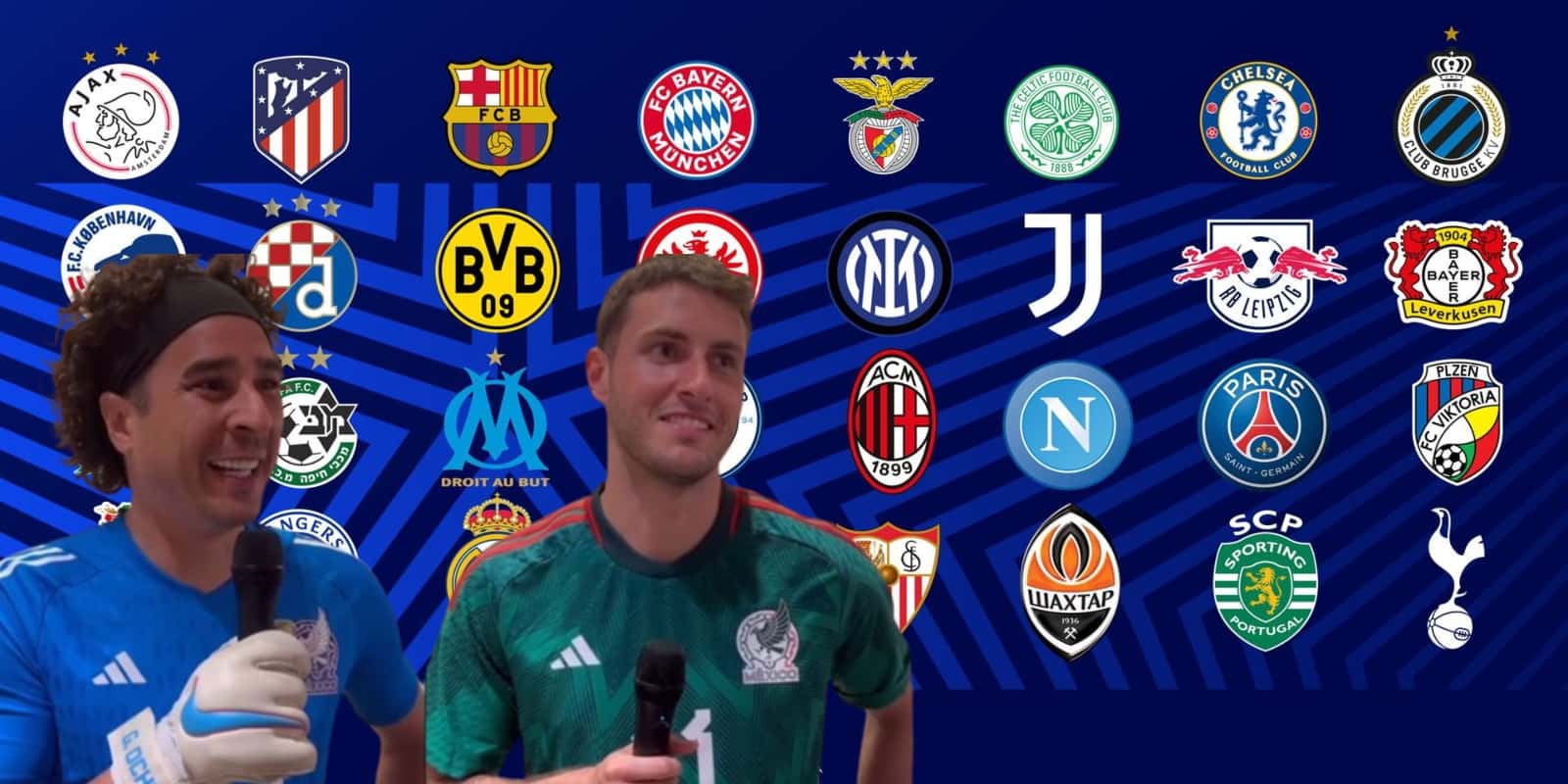 Guillermo Ochoa y Santiago Giménez junto a escudos de clubes europeos / FOTO El Universal