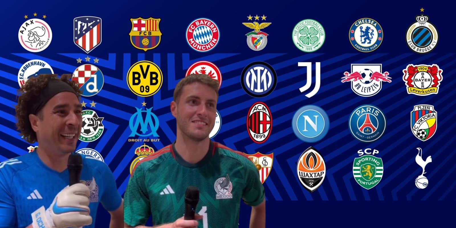 Guillermo Ochoa y Santiago Giménez junto a escudos de clubes europeos / FOTO El Universal