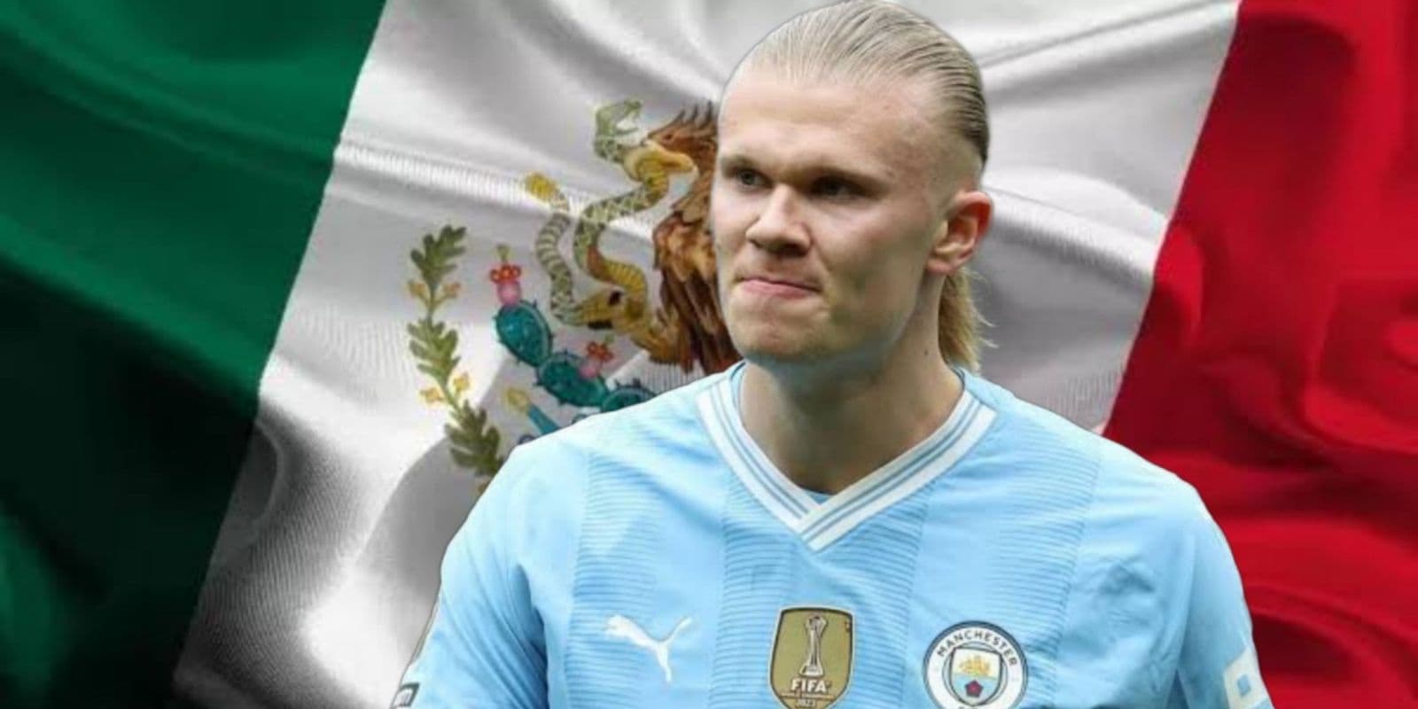 Haaland enojado y al fondo la bandera de México / Foto EFE