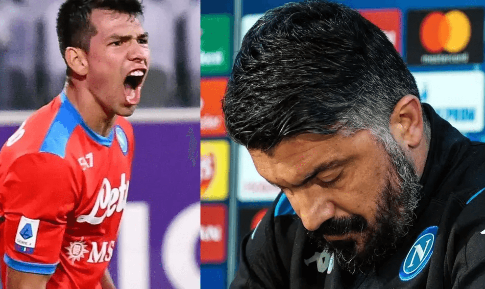 Hirving Lozano grita en el campo a un compañero, a la derecha, Gattuso se lamenta (Fuente: EFE y Napoli)