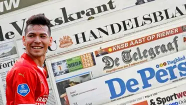 Hirving Lozano tras su gol con el PSV y detrás algunos periódicos de Países Bajos / FOTO X