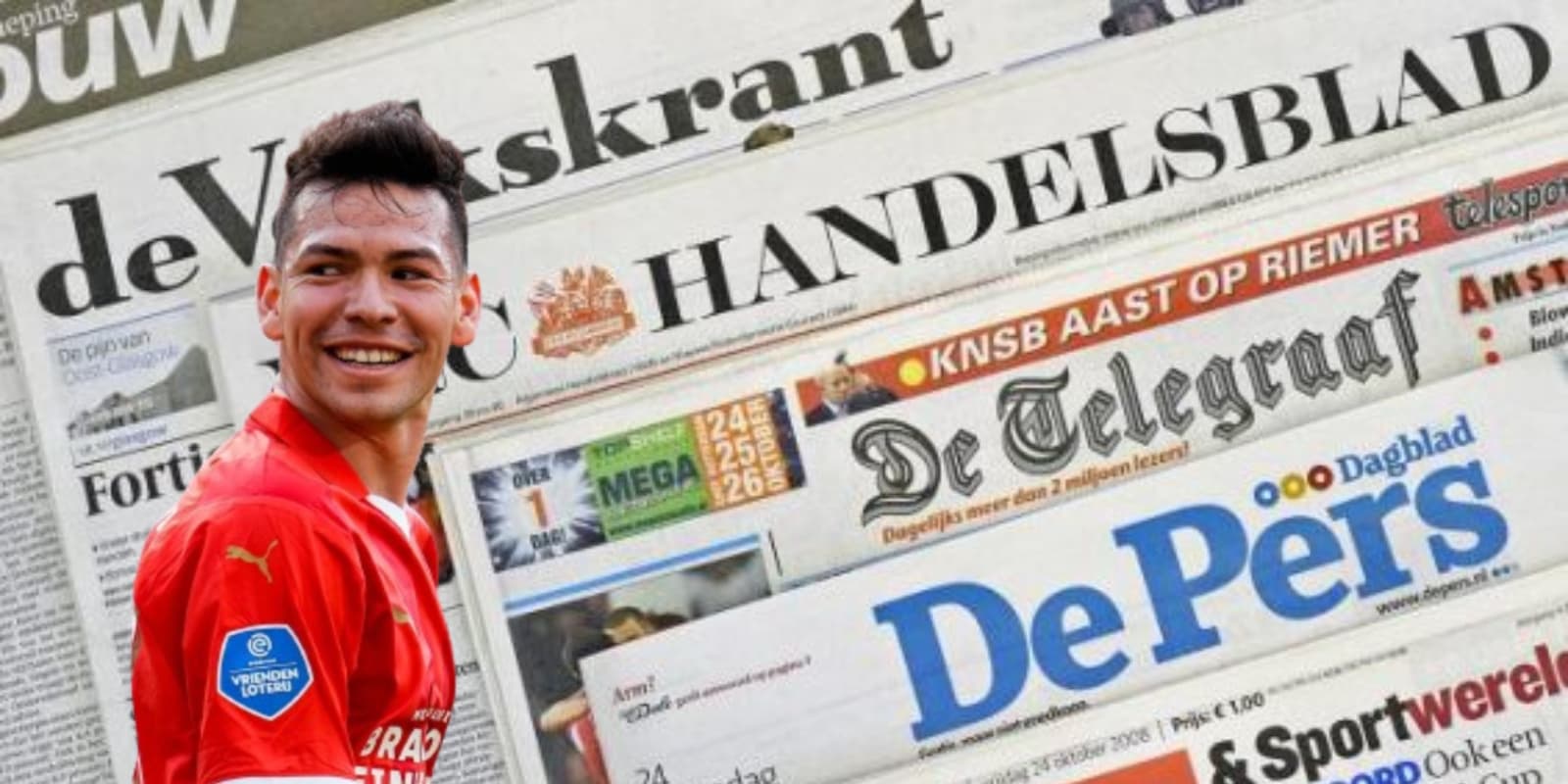 Hirving Lozano tras su gol con el PSV y detrás algunos periódicos de Países Bajos / FOTO X