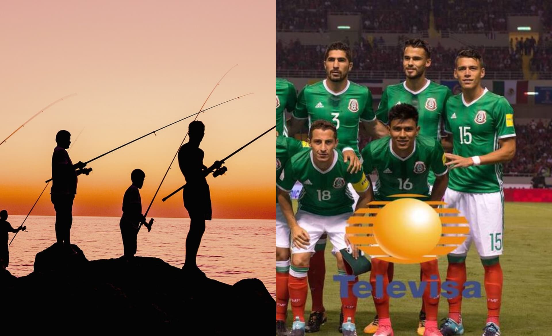 Hombres pescando en el mar, a la derecha, jugadores de México (Fuente: Pixbay y AS)