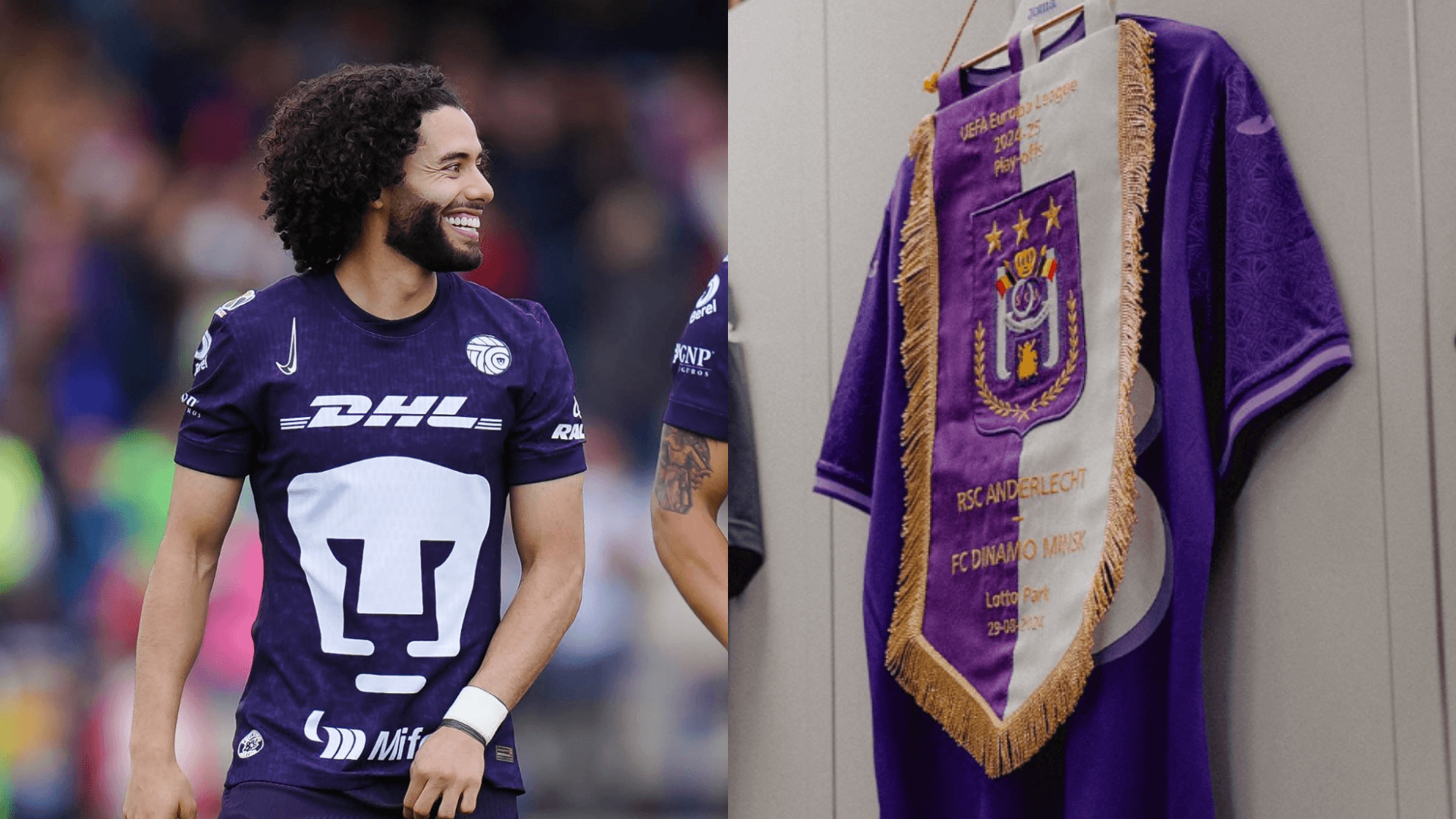 Huerta y el escudo del Anderlecht | Fotos: @PumasMX y @rscanderlecht