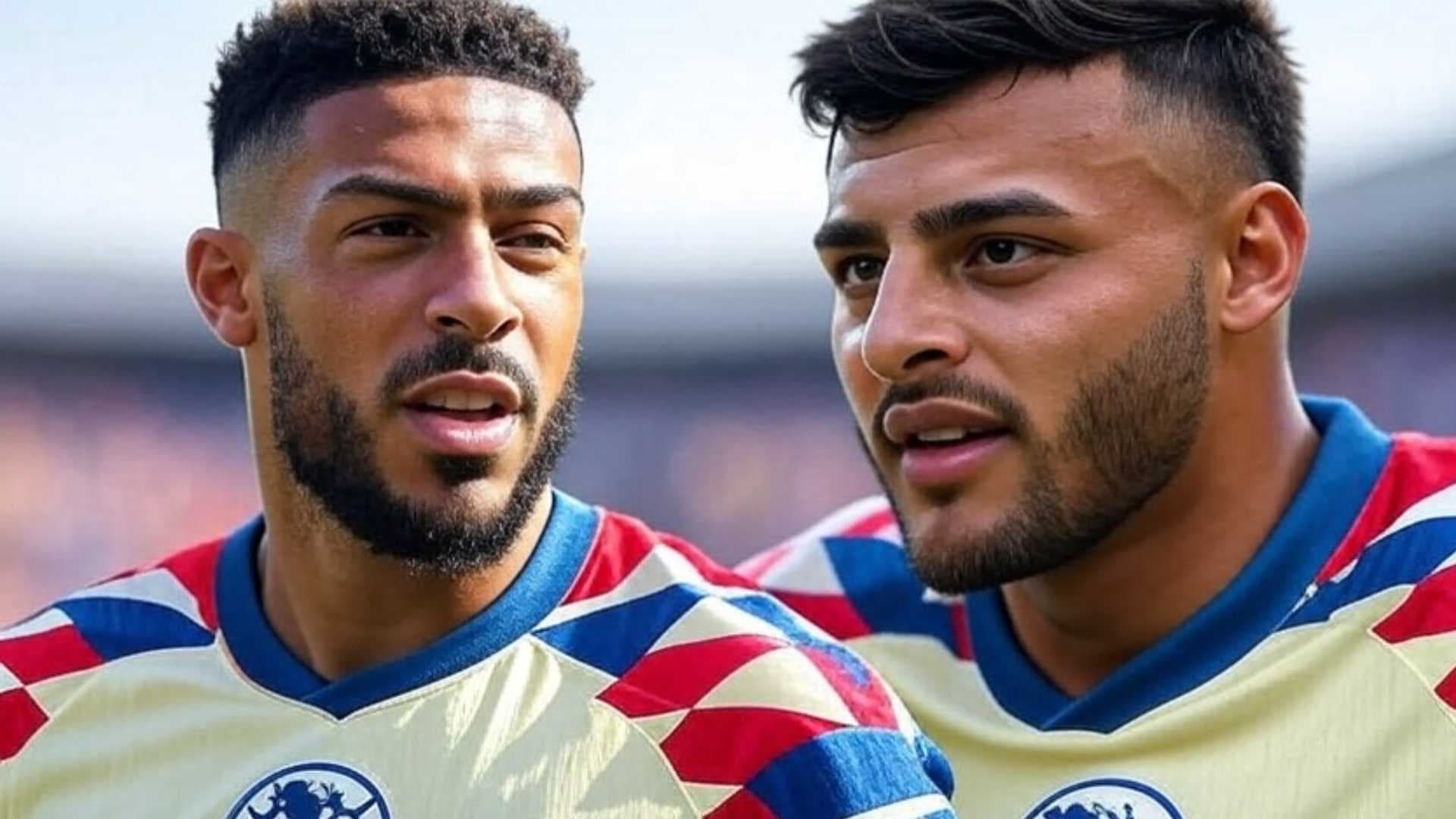 Ilustración de Denis Bouanga y Alexis Vega con la playera del América