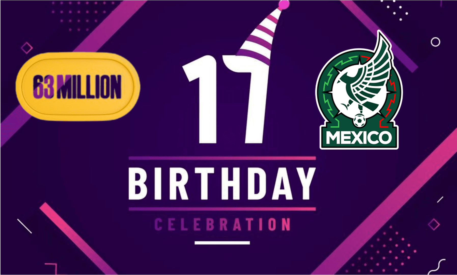 Invitación de celebración de cumpleaños, a la izquierda logo con 63 millones, a la derecha, escudo de la FMF / Vectezzy