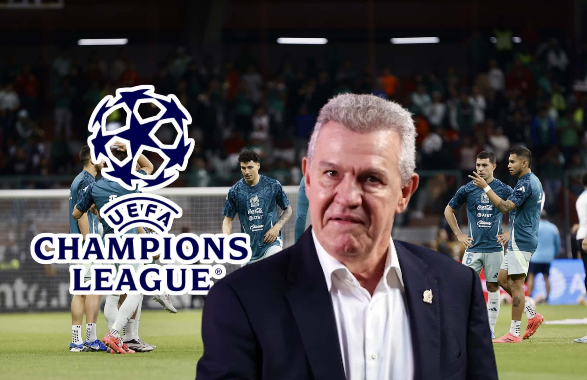 Javier Aguirre, jugadores de Selección Mexicana y logo de Champions League/ Foto La Prensa.