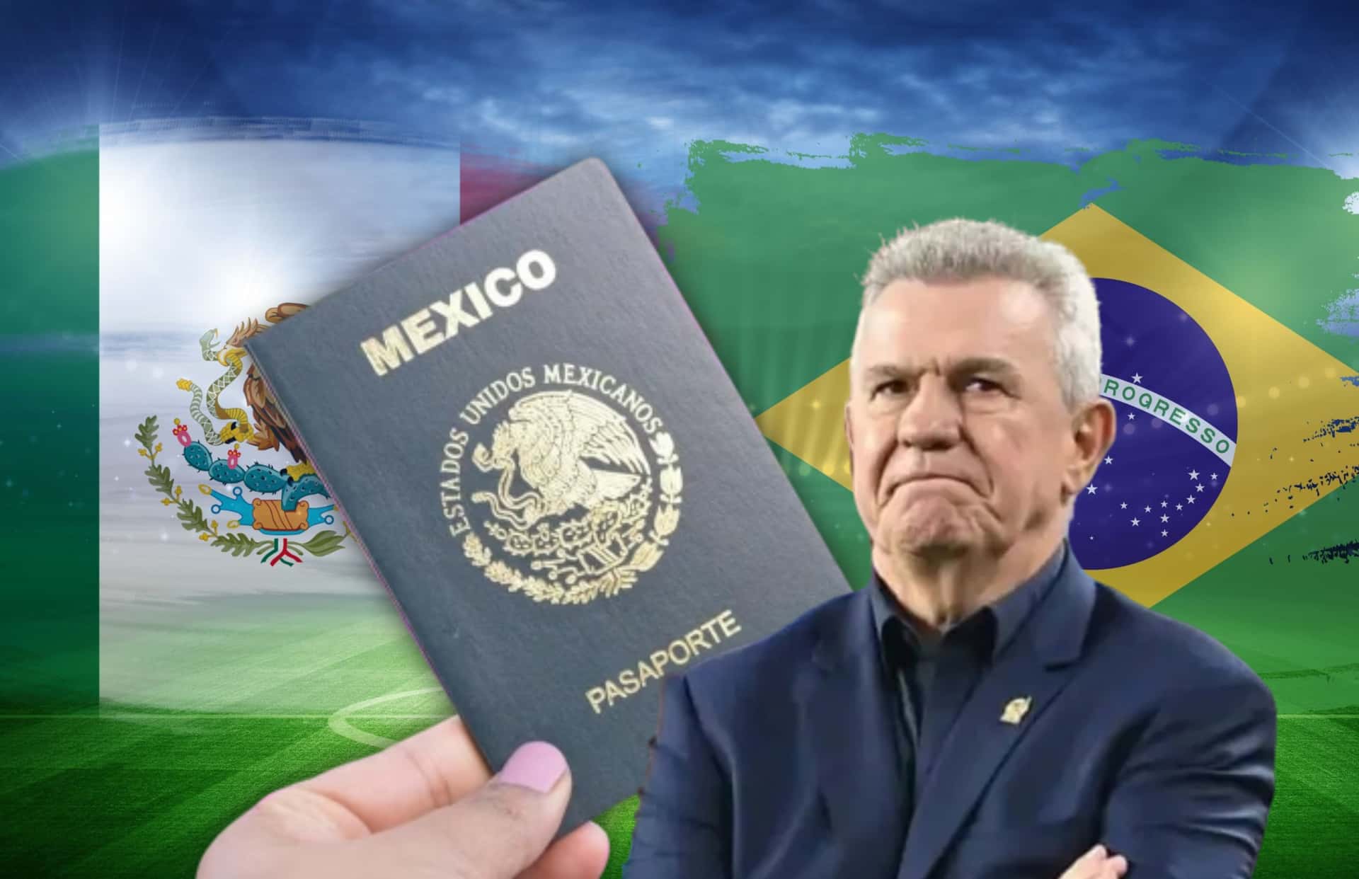 Javier Aguirre, pasaporte mexicano y banderas de México y Brasil/ Foto TV Azteca.