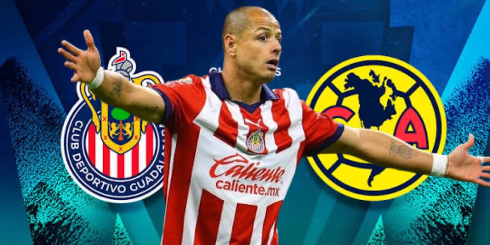 Javier Hernández junto a escudos de Chivas y América / FOTO MEDIOTIEMPO