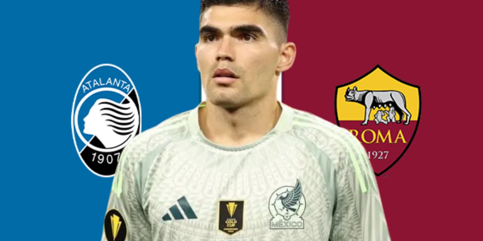 Johan Vásquez junto al escudo de Atalanta y Roma / FOTO GOAL