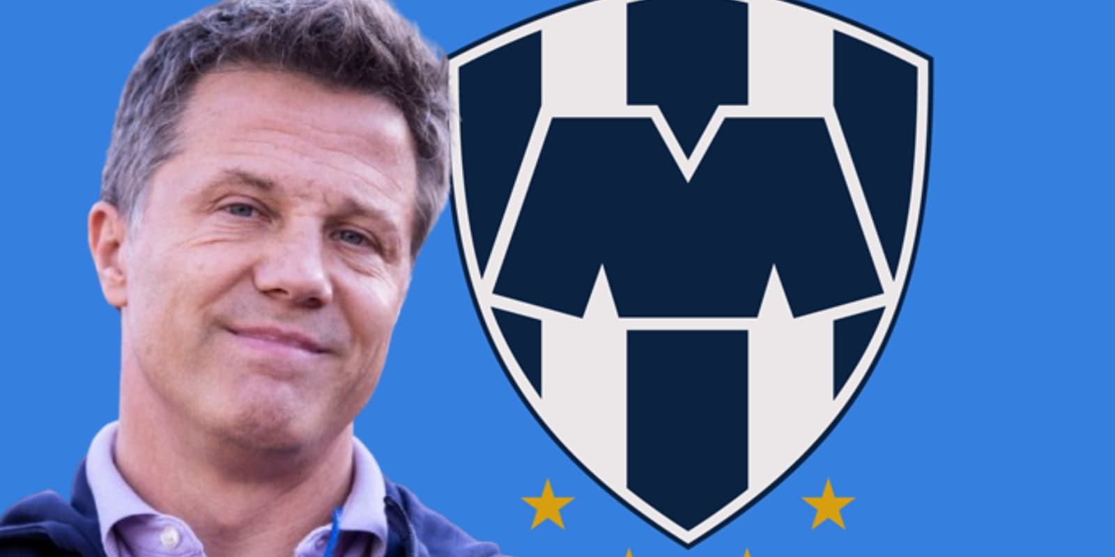 José Antonio Noriega junto al escudo de Rayados / FOTO MEDIOTIEMPO