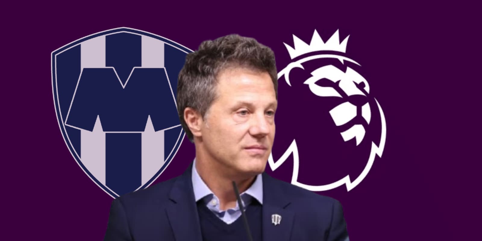 José Antonio Noriega junto al escudo de Rayados y el logo de la Premier League / FOTO RÉCORD