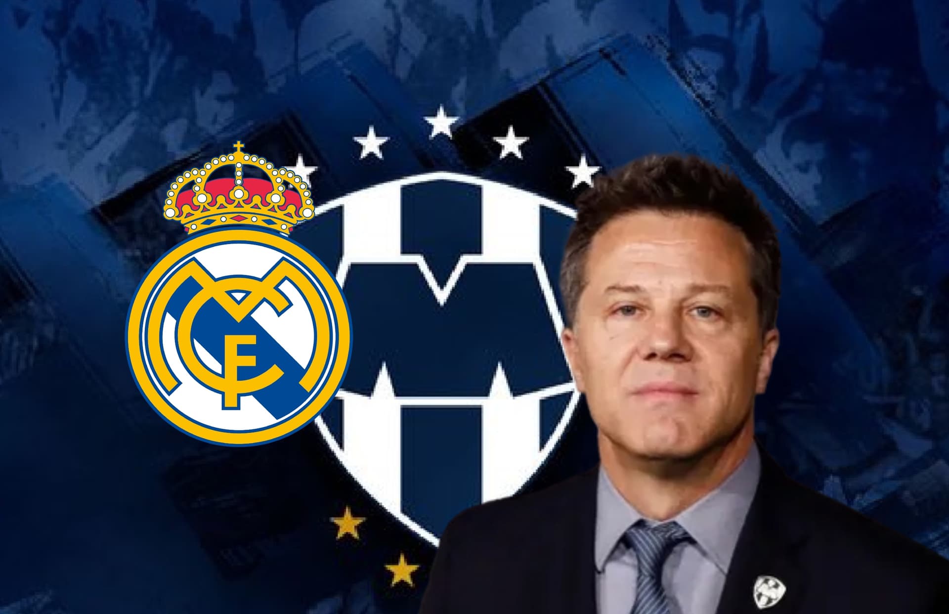 José Antonio Noriega y escudos de Monterrey y Real Madrid/Foto Rayados.