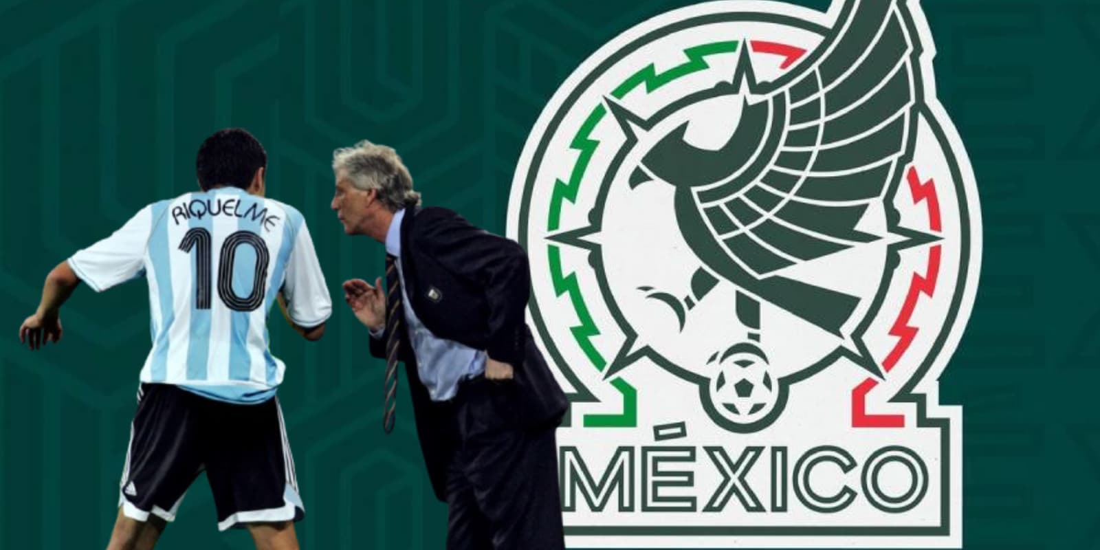 José Pekerman y Juan Román Riquelme junto al escudo del Tri / FOTO OLÉ