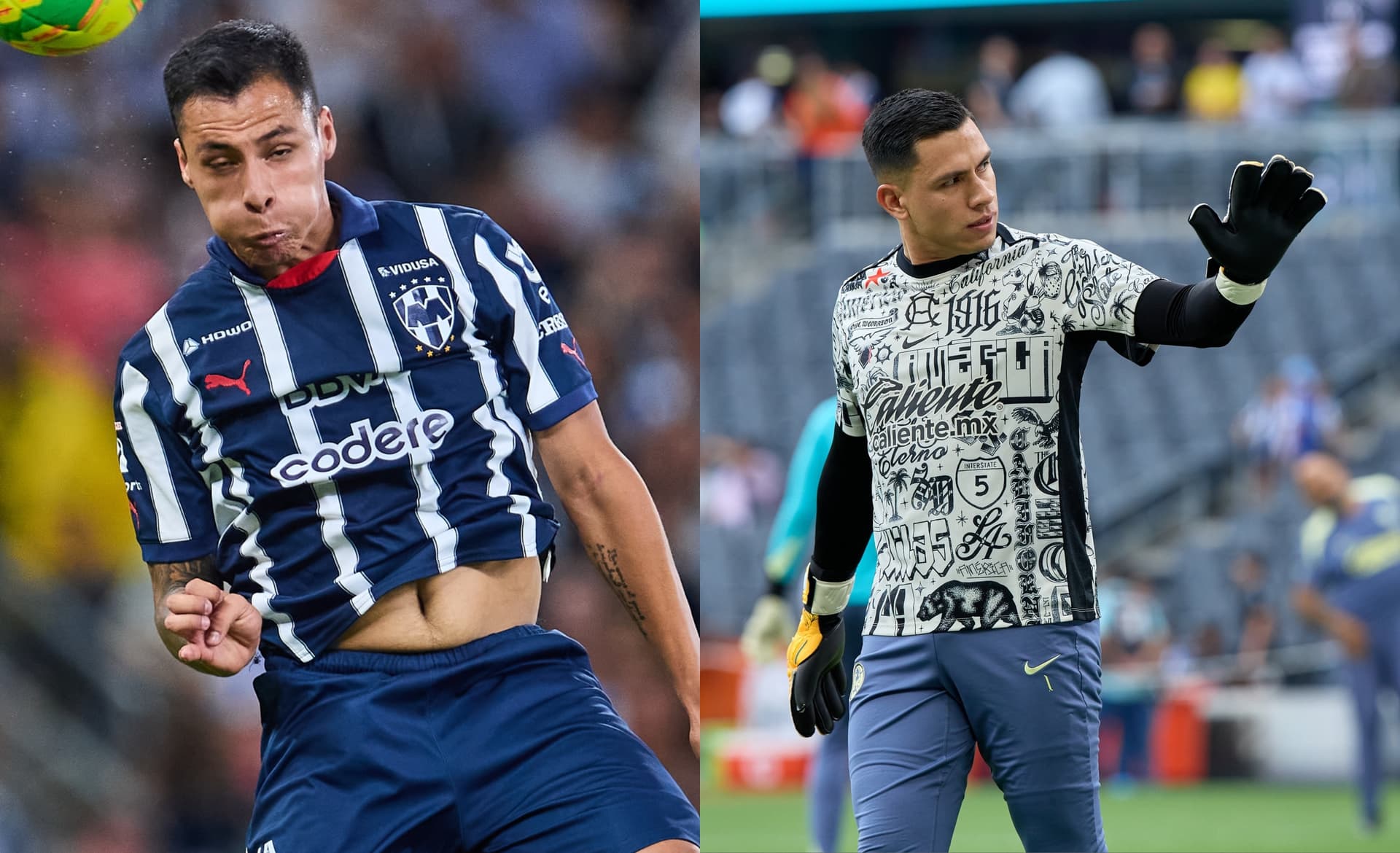 Jugador de Rayados despeja pelota, a la derecha, Malagón saluda (Fuente: Mexsports)