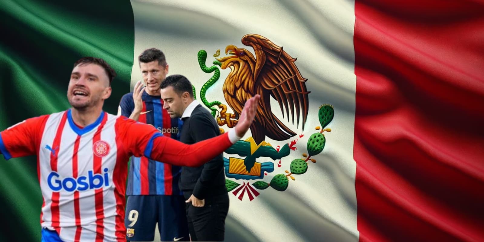 Jugador del Girona junto a Robert Lewandoski y Xavi / FOTO EFE
