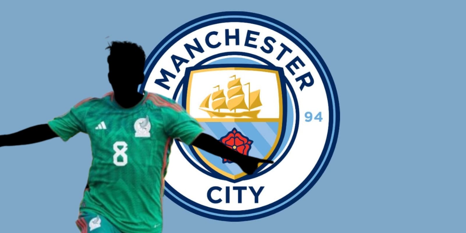 Jugador incógnito de México junto al escudo del Manchester City / FOTO MEXSPORT