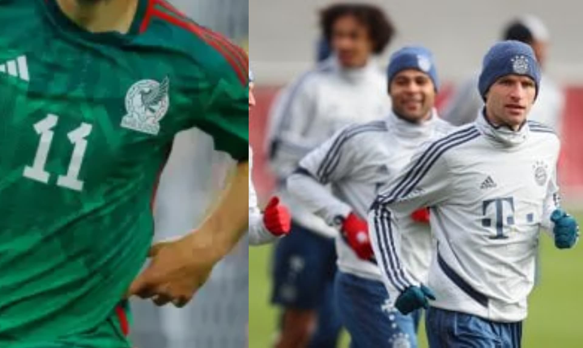 Jugador mexicano con la playera del Tri, a la derecha, práctica del Bayern Múnich (Fuente: Mexsports y Bayern )