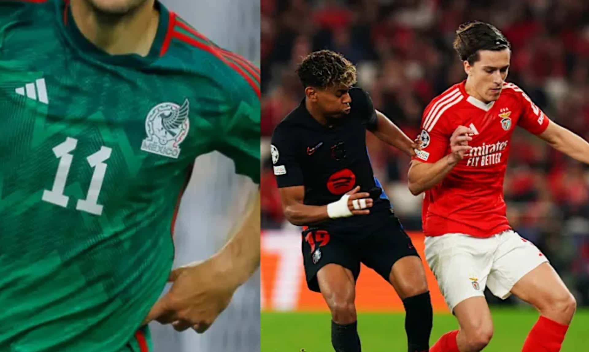 Jugador mexicano festeja gol, a la derecha, Lamal pelea pelota con un jugador de Benfica (Fuente: Mexsports y AFP)