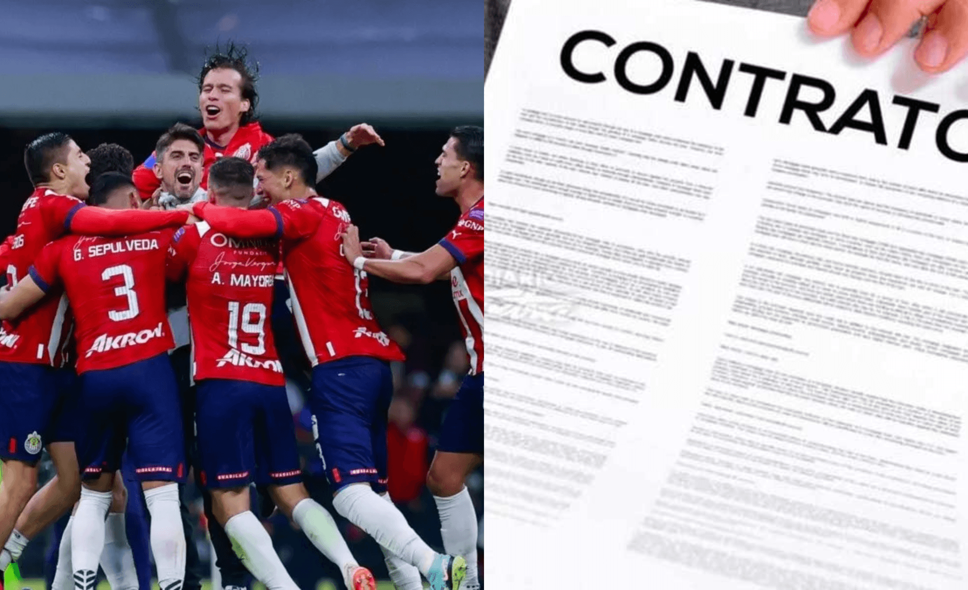 Jugadores de Chivas celebran a la derecha, un contrato (Fuente: Mexsports y Legal)