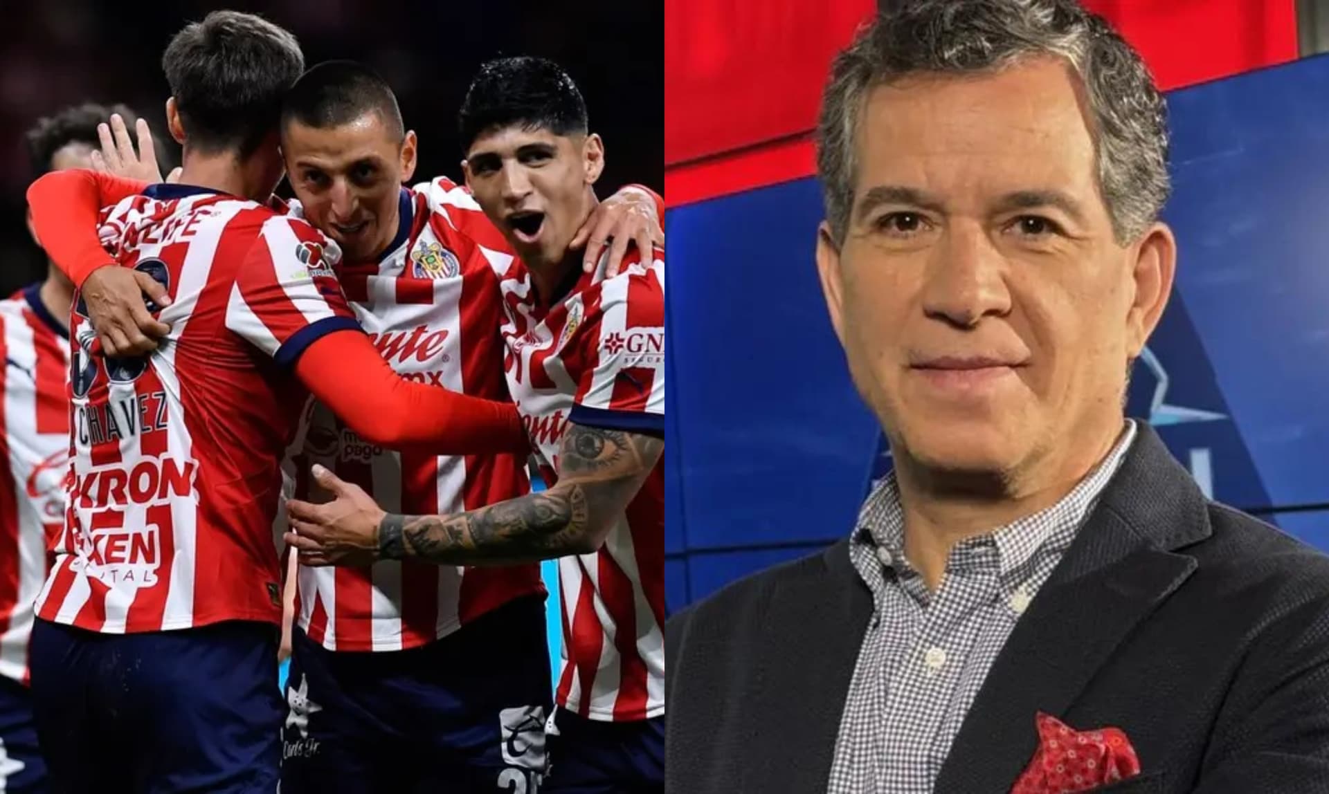 Jugadores de Chivas festejan, a la derecha, Alarcón en ESPN (Fuente: Mexsports e ESPN)