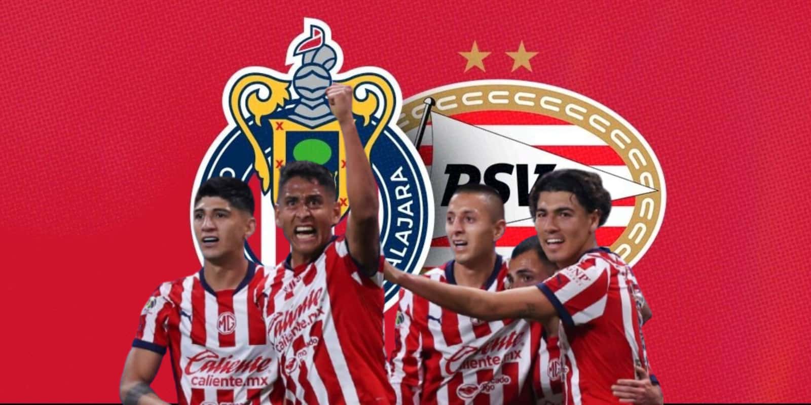 Jugadores de Chivas junto al escudo del PSV Eindhoven / FOTO JUAN FÚTBOL