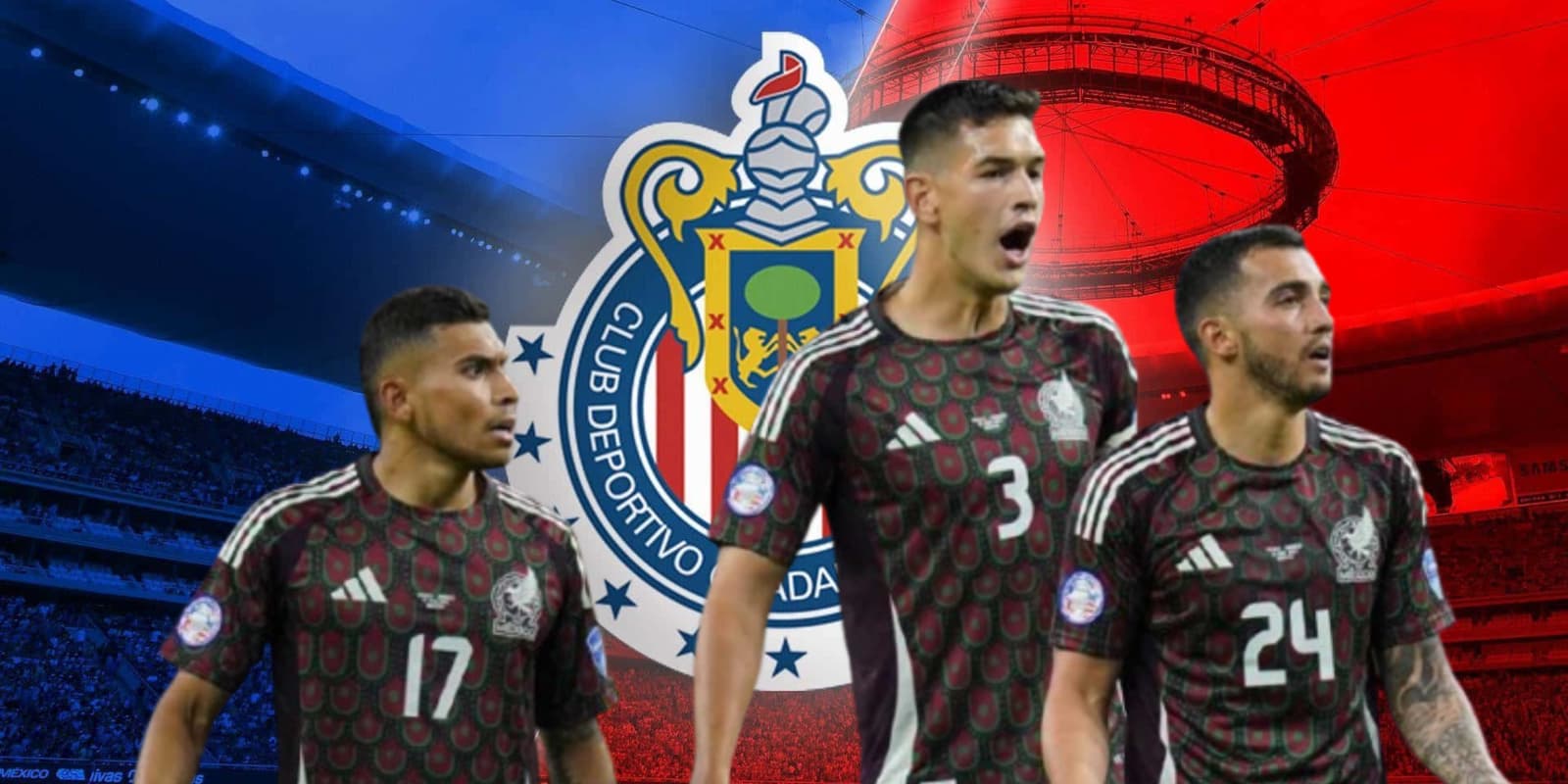 Jugadores de la Selección Mexicana junto al escudo de Chivas / FOTO MEXSPORT