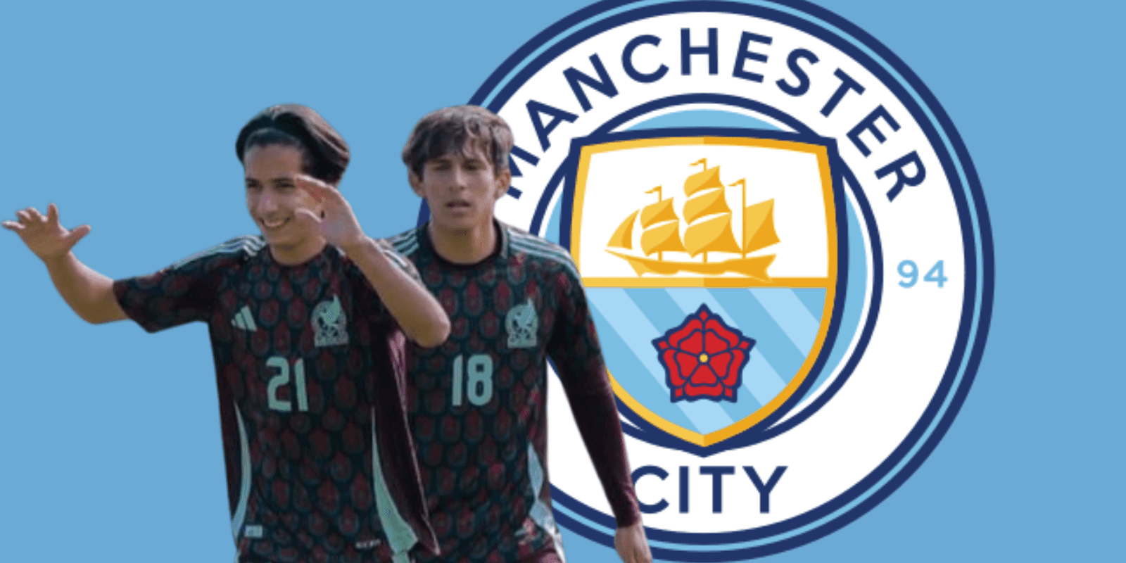 Jugadores de la Selección Mexicana Sub 17 junto al escudo del Manchester City / FOTO INSTAGRAM