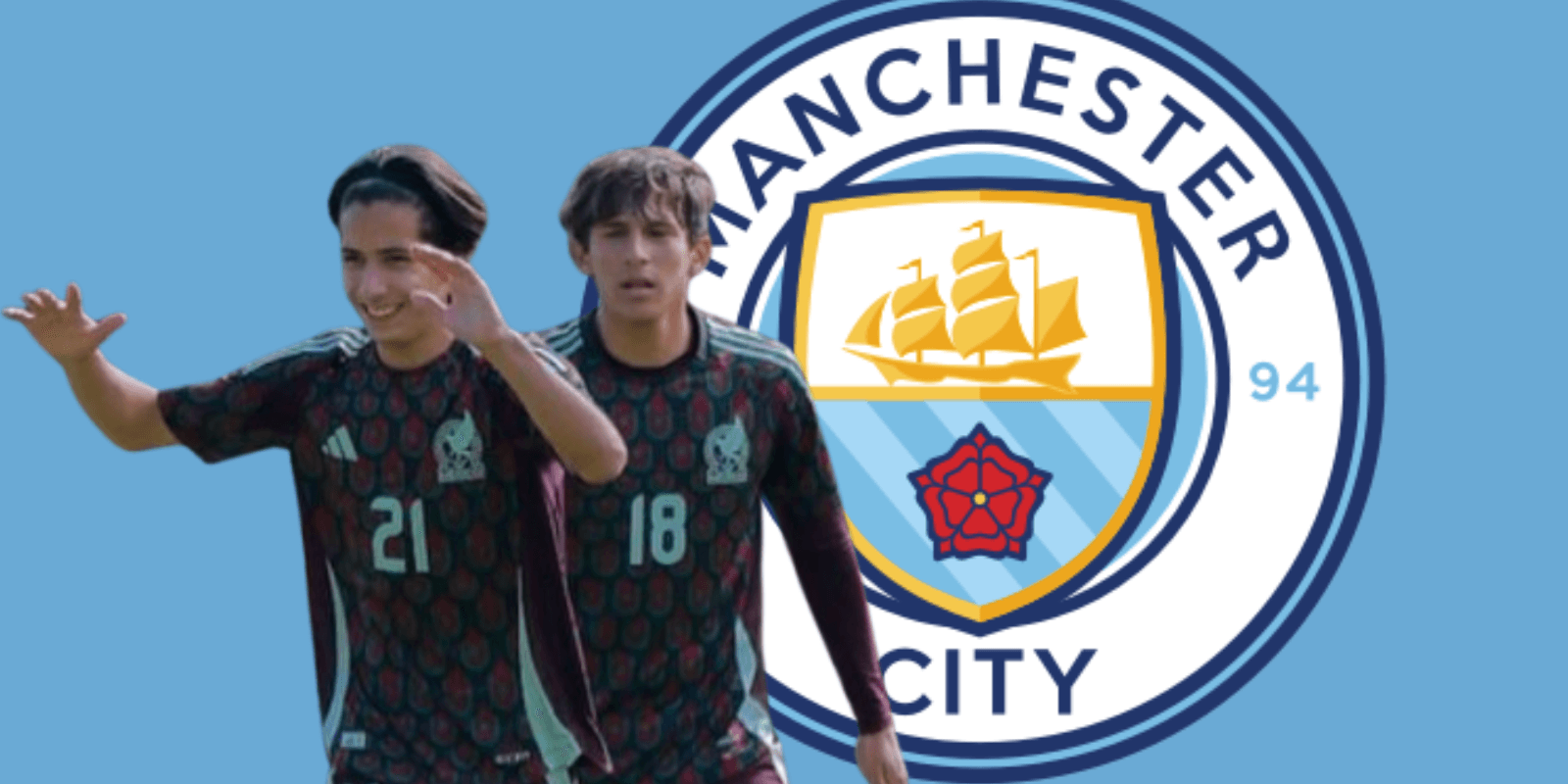 Jugadores de la Selección Mexicana Sub 17 junto al escudo del Manchester City / FOTO INSTAGRAM