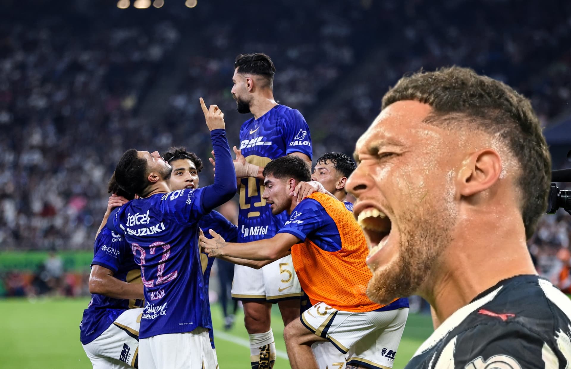 Jugadores de Pumas celebrando y Lucas Ocampos/ Foto Imago 7.