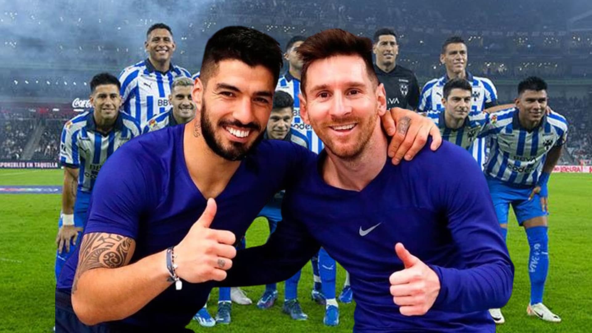 Jugadores de Rayados 2024 con Lionel Messi y Luis Suárez/ Foto: Récord