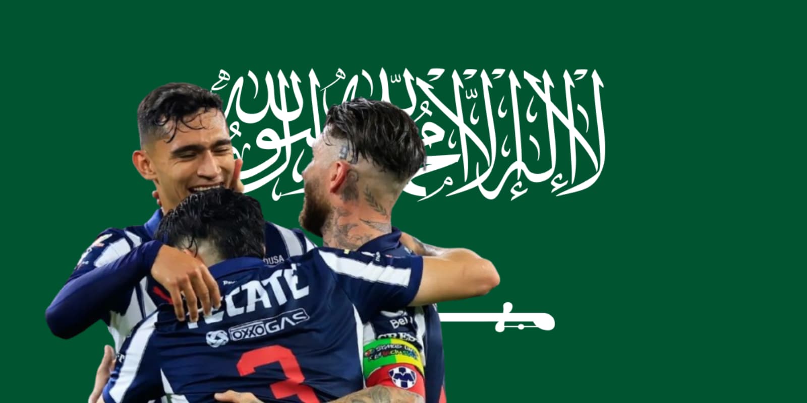 Jugadores de Rayados junto a la bandera de Arabia Saudita / FOTO SOY FÚTBOL