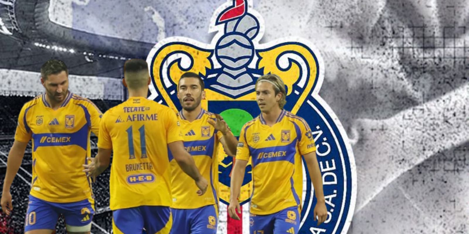 Jugadores de Tigres junto al escudo de Chivas / FOTO 90 MIN