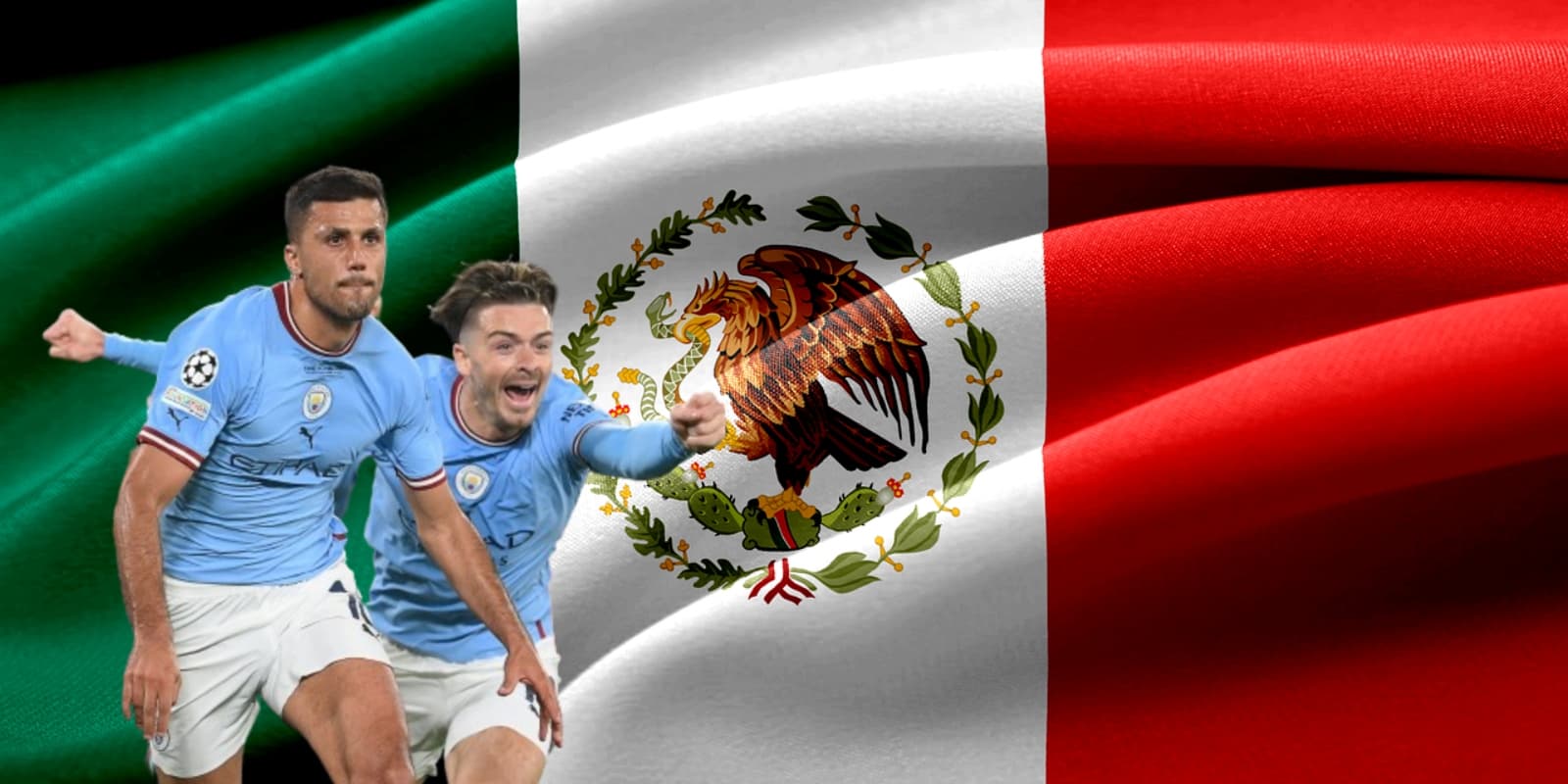 Jugadores del Manchester City junto a la bandera de México / FOTO AFP
