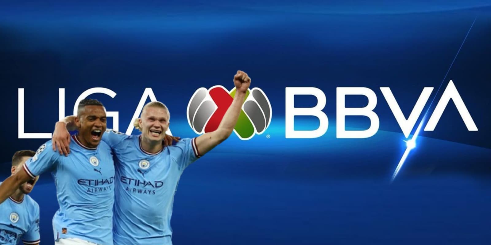 Jugadores del Manchester City junto al logo de la Liga MX
