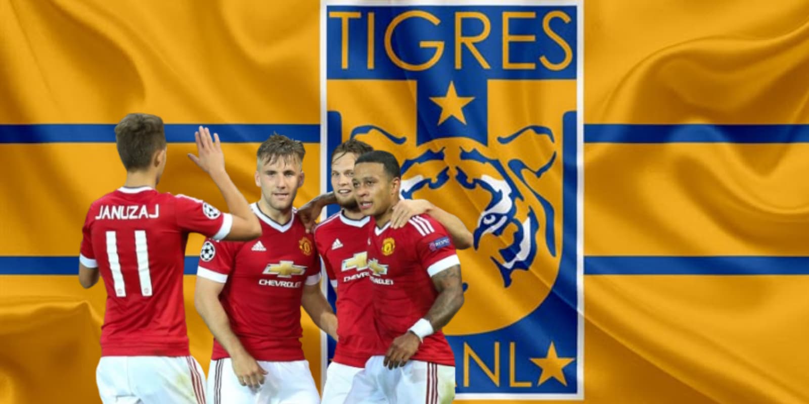 Jugadores del Manchester United junto al escudo de Tigres / FOTO