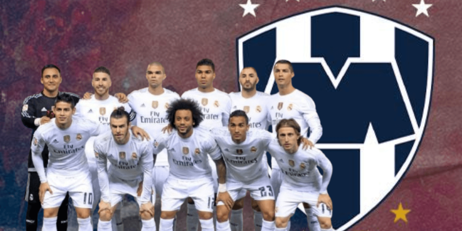 Jugadores del Real Madrid junto al escudo de Rayados / FOTO MARCA