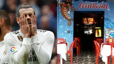 Jugadores del Real Madrid se lamentan por un gol, junto a esto una cevichería / El Futbolero 