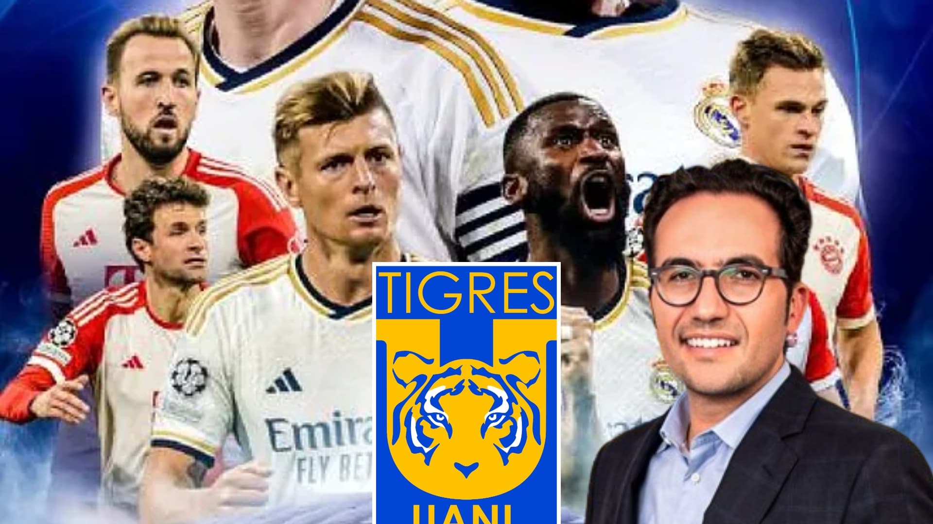 Jugadores del Real Madrid y del Bayern Múnich con escudo de Tigres y Mauricio Culebro/ Foto: Marca