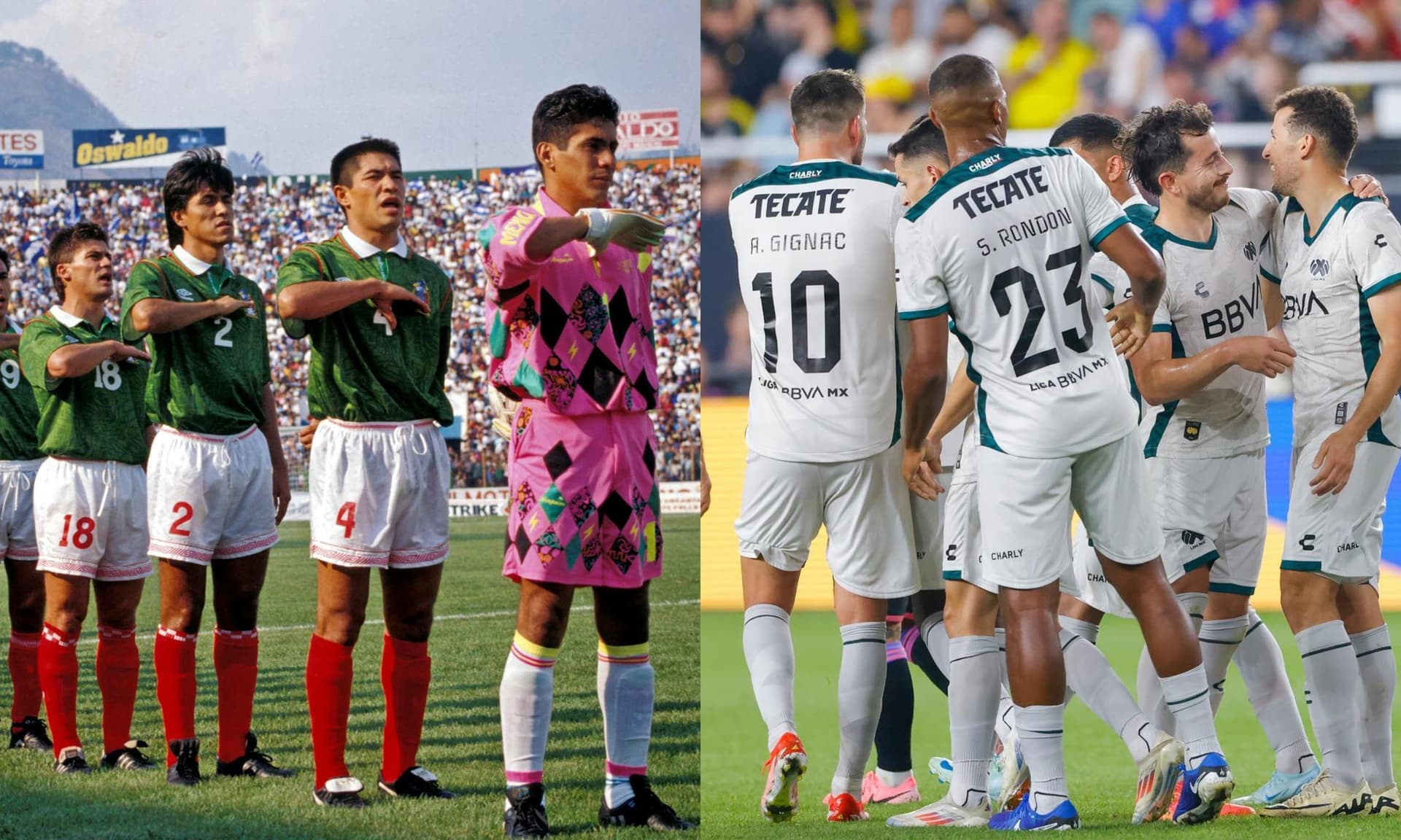 Jugadores mexicanos cantan himno a la izquierda, a la derecha festejo gol frente a la MLS (fuente: Liga MX e Historia del Fútbol Mexicano)