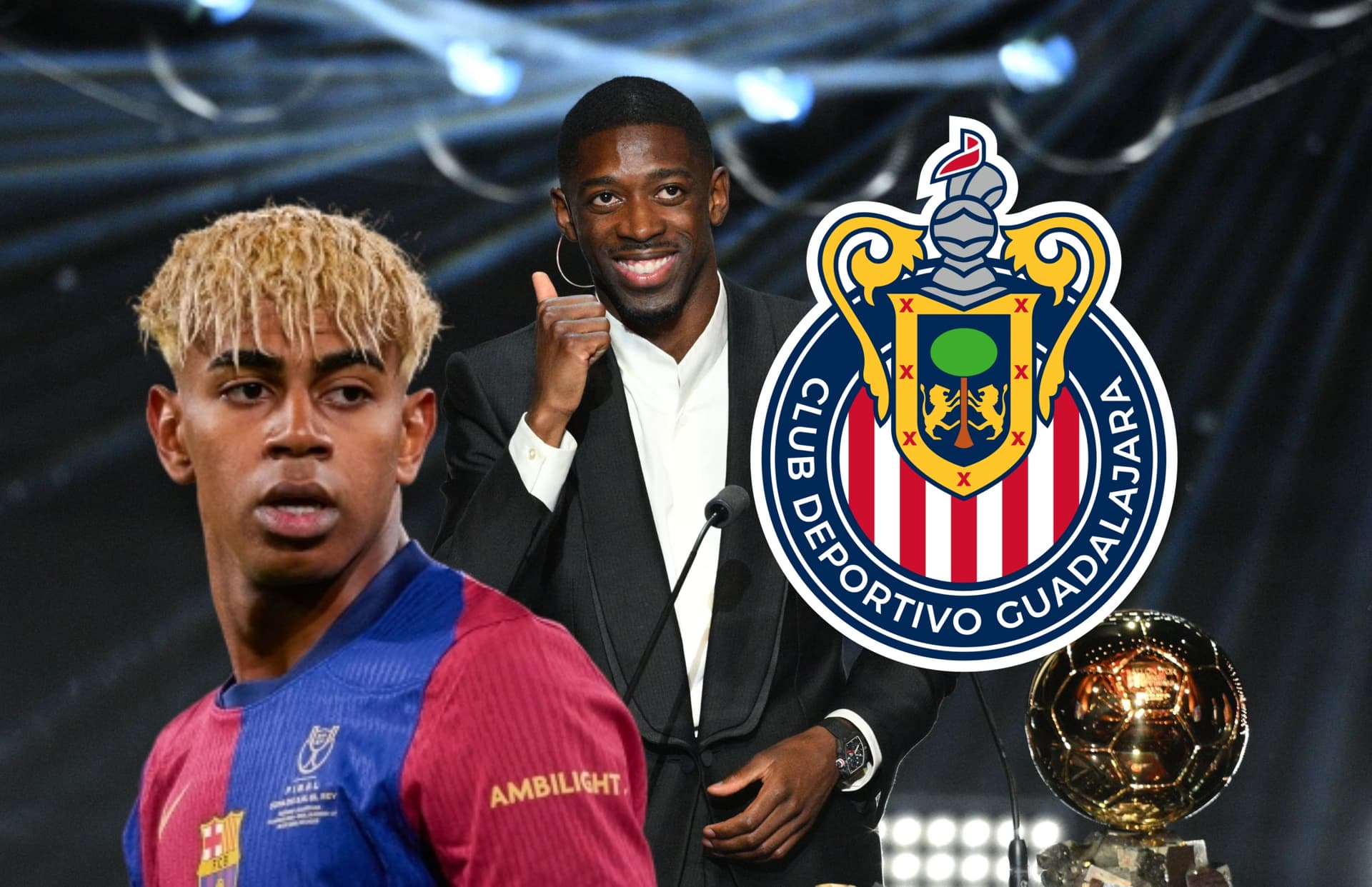 Lamine Yamal, Ousmane Dembelé y escudo de Chivas/ Foto France Football.